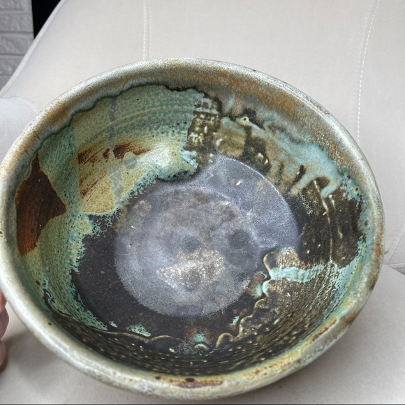 Large Raku Bowl Studio Art Pottery Swirl Stoneware Unique Art Decor MCM - Picture 5 of 6